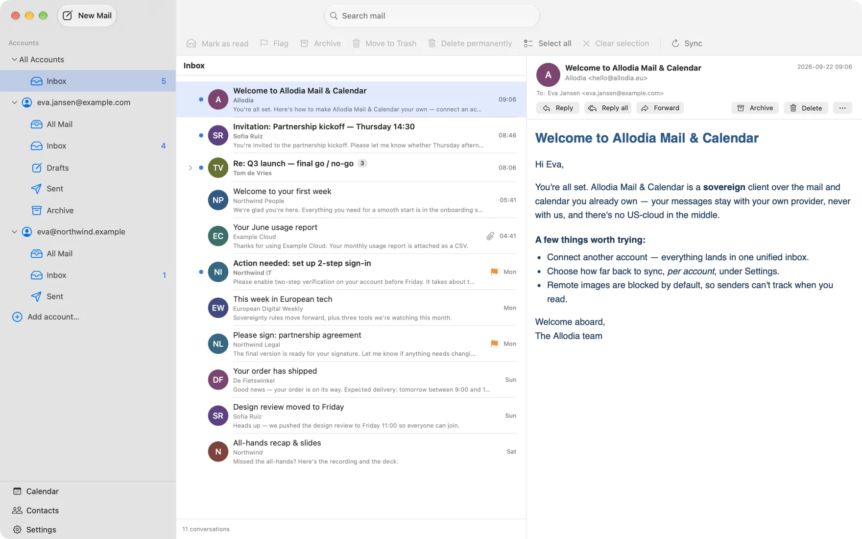 Allodia Mail & Calendar on macOS, showing the unified inbox