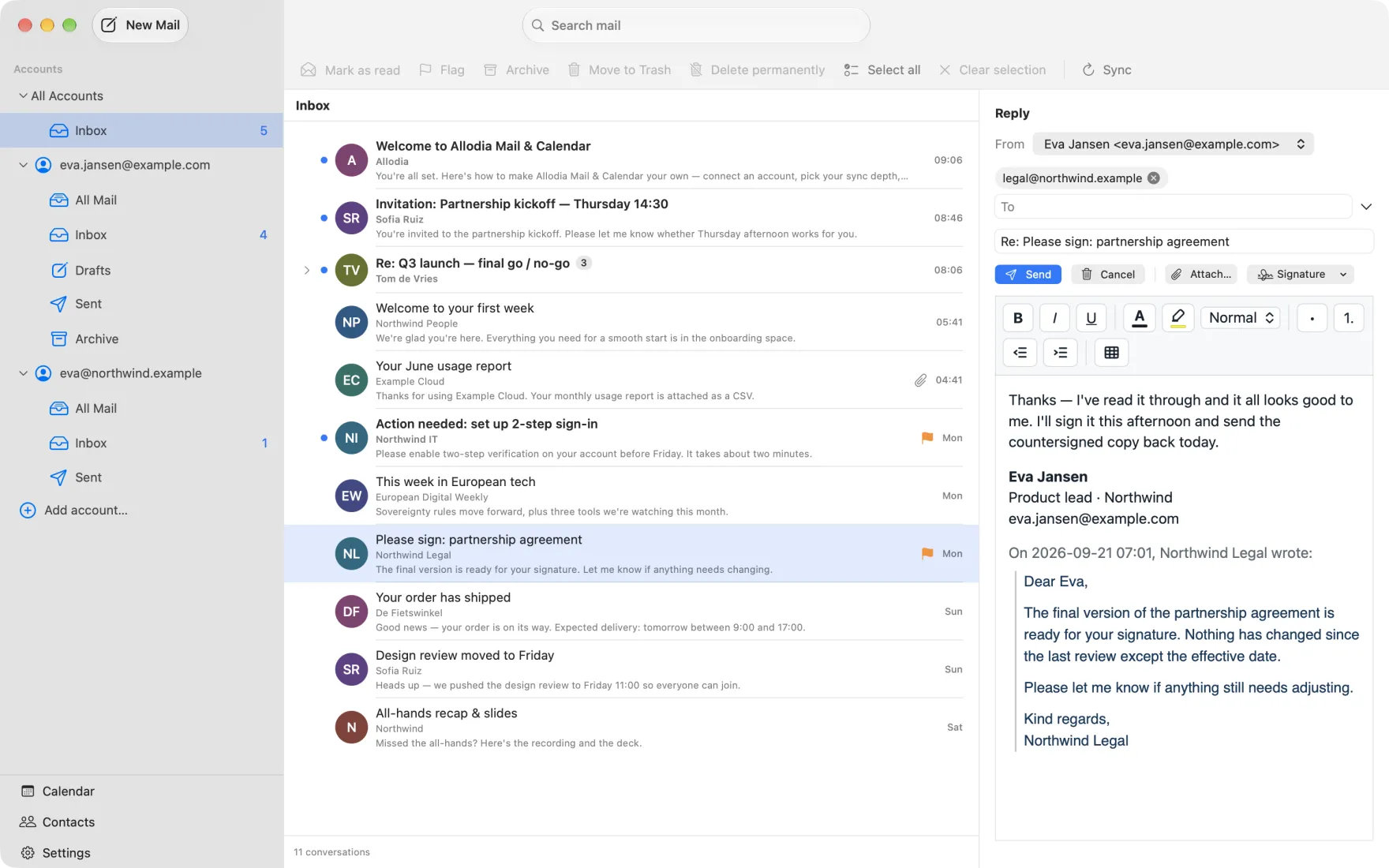 Replying to a message in Allodia Mail & Calendar on macOS