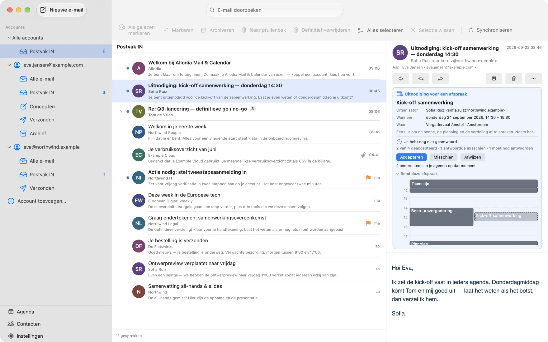 Een vergaderuitnodiging in Allodia Mail & Calendar op macOS, met de agenda van die dag