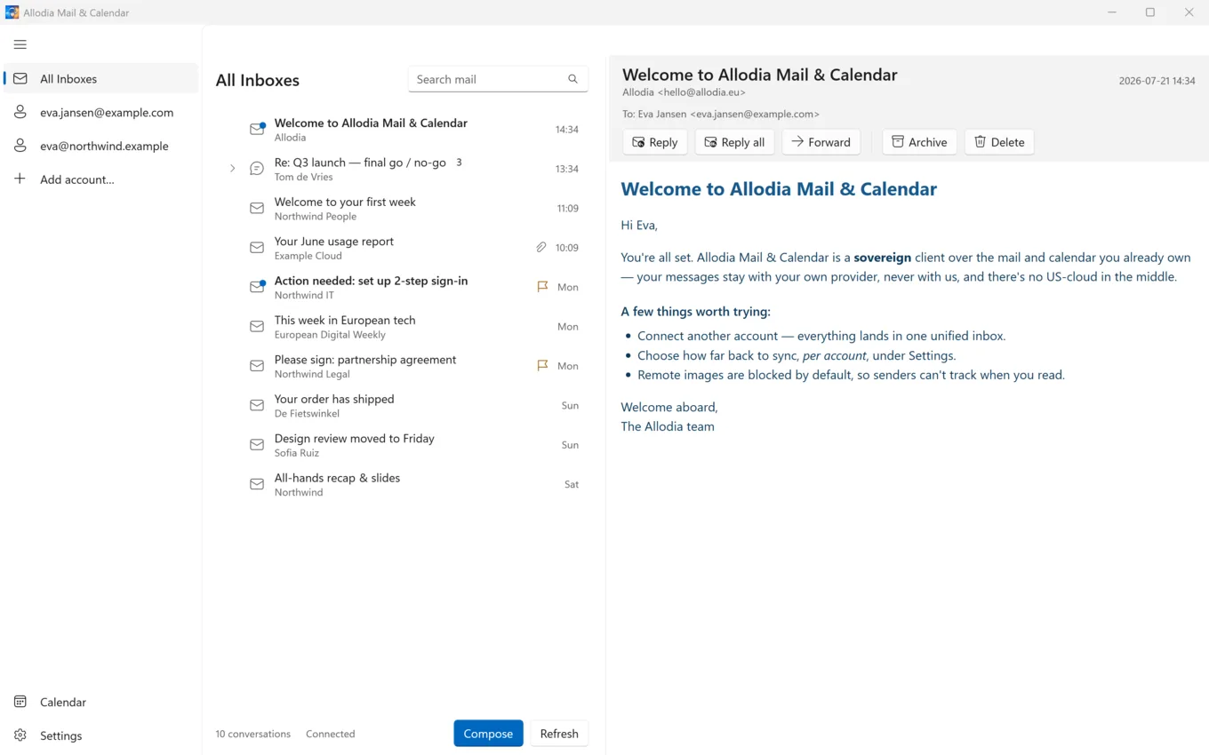 Allodia Mail & Calendar on Windows, showing the unified inbox and reading pane